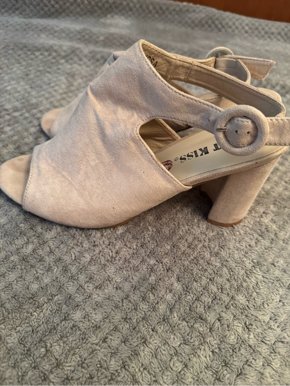 Hot Kiss Light Beige Suede Open-Toe Slingback Block Heels